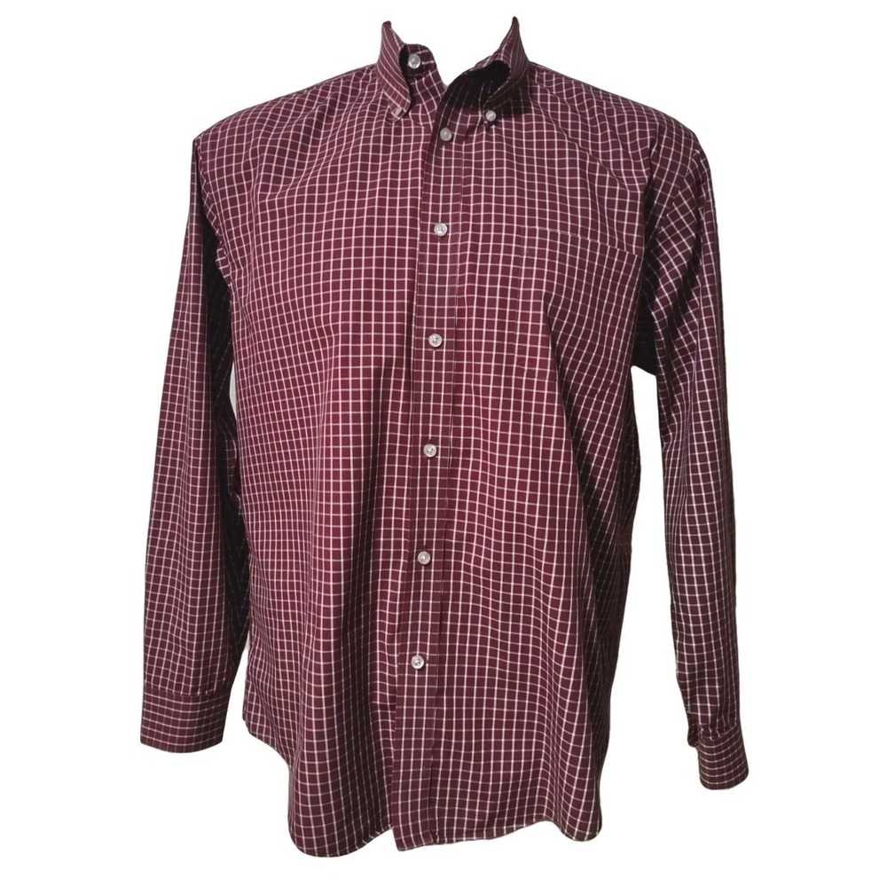 Lands End Shirt 16.5 35 Mens Check Plaid Button Down Norm Core Cabin Core Maroon